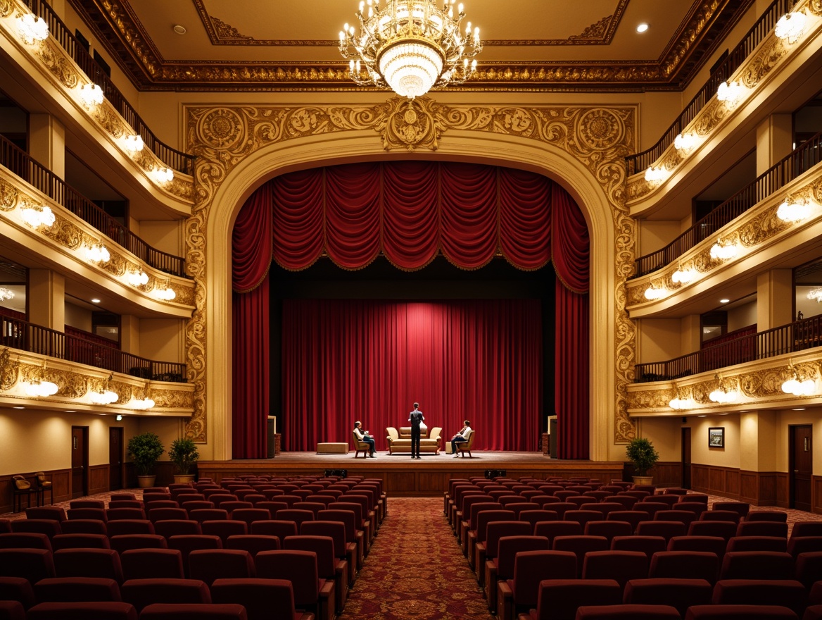 Prompt: Grand proscenium arch, ornate golden details, luxurious red velvet curtains, opulent chandeliers, intricate moldings, warm beige walls, rich wood tones, elegant staircases, sweeping balconies, plush theater seating, subtle lighting accents, soft warm glow, 3/4 composition, shallow depth of field, realistic textures, ambient occlusion.