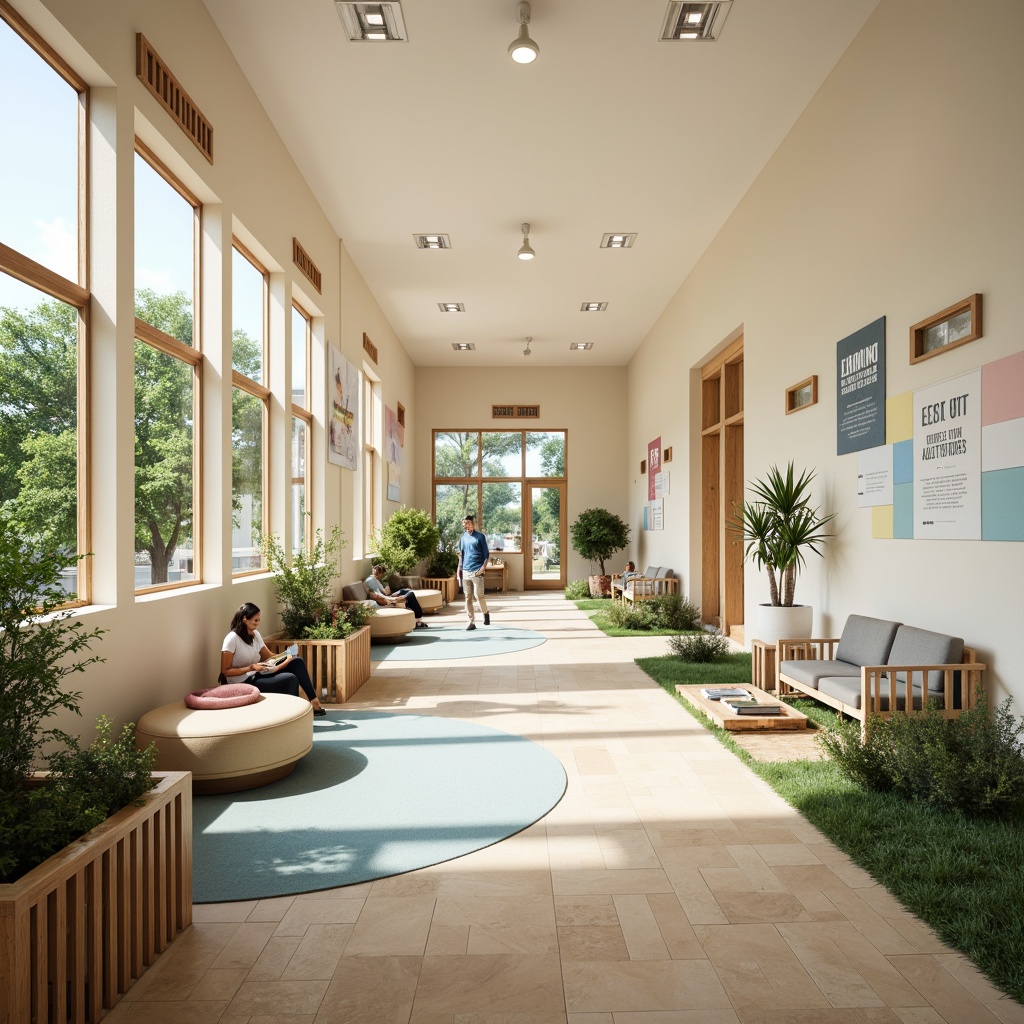 Prompt: Calming youth center, soft cream walls, warm beige floors, pale blue accents, natural wood furniture, cozy reading nooks, vibrant green plants, oversized windows, abundant daylight, comfortable seating areas, educational murals, inspirational quotes, soothing pastel colors, gentle ambient lighting, shallow depth of field, 3/4 composition, panoramic view, realistic textures, ambient occlusion.