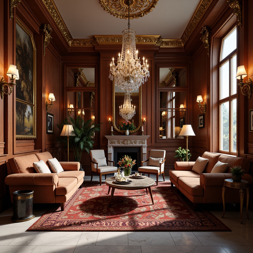 Prompt: Elegant mansion interior, ornate furnishings, rich velvet fabrics, intricately carved wooden paneling, crystal chandeliers, gilded accents, marble floors, high ceilings, grand staircases, ornamental mirrors, luxurious upholstery, subtle gradient lighting, soft focus, 1/1 composition, warm color palette, realistic reflections, ambient occlusion.