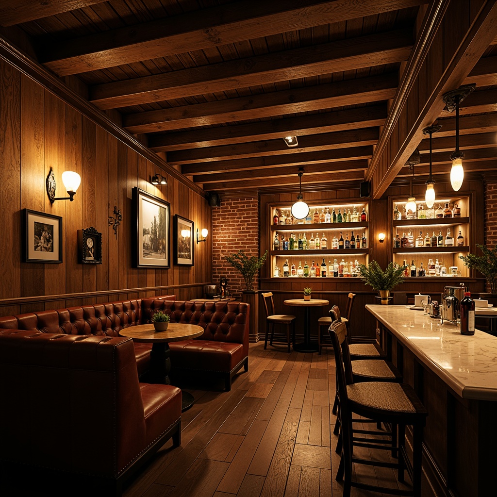 Prompt: Rich wooden accents, warm earthy tones, vintage metal fixtures, ornate decorative trims, dimly lit atmosphere, rustic brick walls, comfortable leather seating, classic cocktails, sophisticated ambiance, warm golden lighting, intimate cozy nooks, dark wood floors, elegant marble countertops, nostalgic memorabilia, subtle textures, 2/3 composition, soft focus, warm color grading.