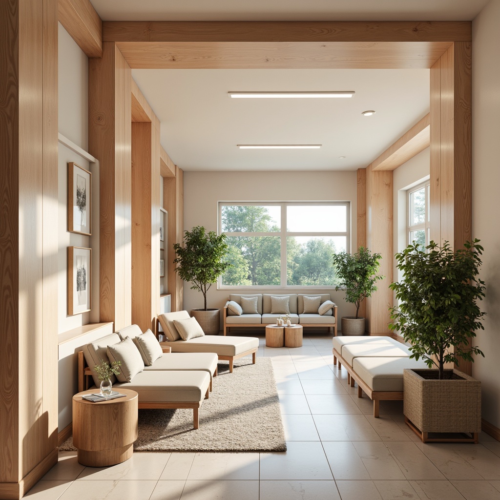 Prompt: Soothing healthcare facility, calming atmosphere, muted pastel colors, soft peach tones, gentle blue hues, creamy whites, warm beige accents, natural wood textures, subtle patterns, minimal ornamentation, ample natural light, indirect overhead lighting, cozy seating areas, comfortable furniture, lush greenery, serene ambiance, shallow depth of field, 2/3 composition, warm color temperature, realistic renderings.