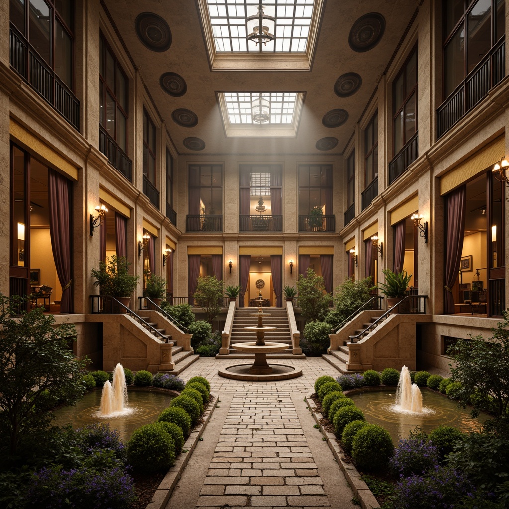 Prompt: Grand Renaissance palace, ornate fountains, symmetrical gardens, majestic stone columns, vaulted ceilings, grand staircases, intricately carved wood panels, luxurious velvet drapes, opulent chandeliers, warm golden lighting, atmospheric mist, 1/2 composition, dramatic shadows, realistic textures, subtle color grading.