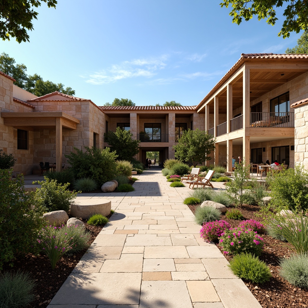 Prompt: Rustic community center, earthy tones, wooden accents, natural stone walls, clay tile roofs, abundant windows, clerestory lighting, open floor plans, high ceilings, exposed beams, warm soft lighting, gentle shadows, vibrant greenery, lush plants, blooming flowers, sunny day, clear blue sky, 1/1 composition, realistic textures, ambient occlusion.