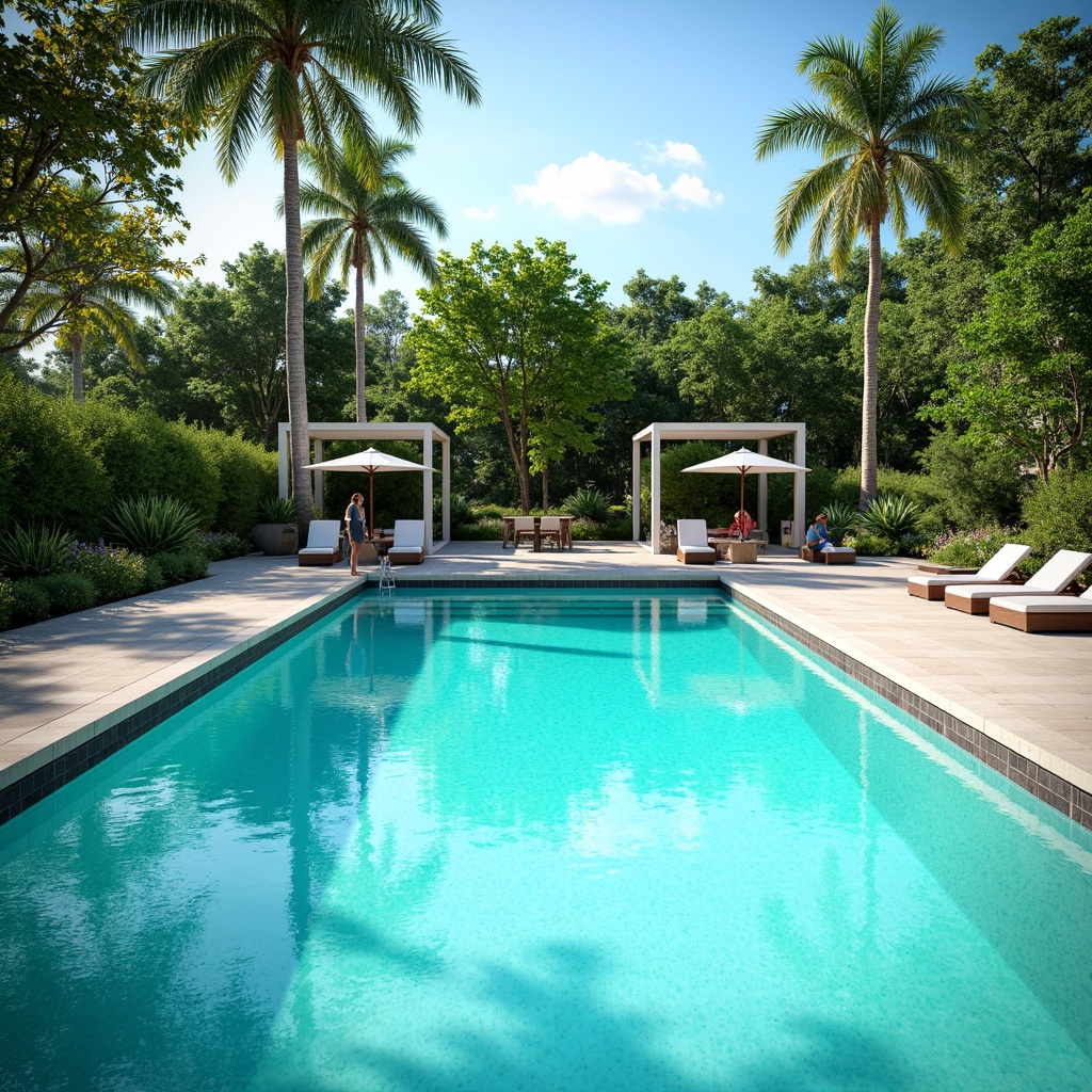 Prompt: Vibrant turquoise pool water, sunny day, outdoor recreational space, modern pool design, sleek concrete decking, surrounding lush greenery, tropical palm trees, colorful beach balls, lounge chairs, umbrellas, refreshing misting systems, cool shading structures, natural stone coping, glass tile accents, subtle gradient effects, 3/4 composition, shallow depth of field, realistic water textures, ambient occlusion.