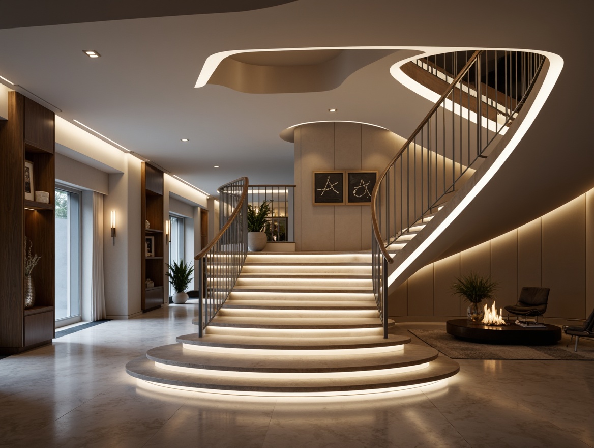 Prompt: Modern staircase, sleek handrail design, minimalist aesthetic, stainless steel material, LED lighting accents, futuristic ambiance, spacious open floor plan, luxurious residence, grand foyer, high ceilings, marble flooring, elegant curves, geometric patterns, ambient shadows, warm soft lighting, shallow depth of field, 3/4 composition, realistic textures.