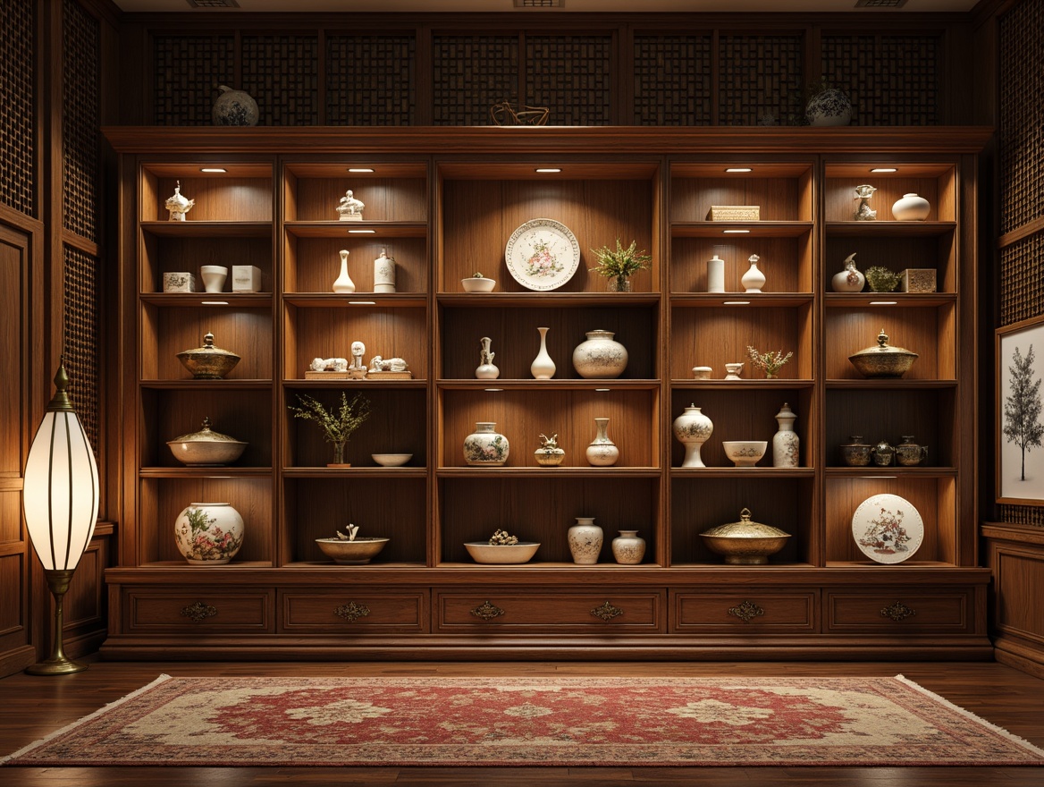 Prompt: Traditional Asian-style shelving unit, warm wooden tones, ornate carvings, subtle gold accents, soft lantern lighting, natural fiber textiles, woven bamboo baskets, porcelain vase displays, delicate ceramic figurines, intricately patterned rugs, subtle fragrance of incense, serene ambiance, shallow depth of field, 1/2 composition, realistic wood grain textures, ambient occlusion.