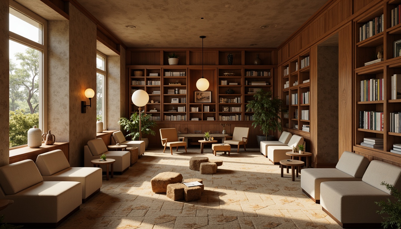 Prompt: Cozy library interior, warm beige tones, comfortable seating areas, plush armchairs, wooden coffee tables, soft cushions, natural textiles, earthy color palette, floor lamps, warm lighting, minimal ornamentation, elegant lines, subtle patterns, rich wood accents, bookshelves with ladder, quiet atmosphere, 1/1 composition, soft focus, shallow depth of field, warm afternoon light.