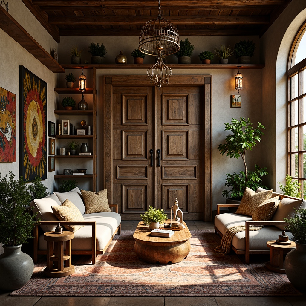 Prompt: Whimsical eclectic house, ornate wooden doors, distressed finishes, vintage hardware, rich textiles, plush furnishings, statement chandeliers, pendant lights, sputnik fixtures, Moroccan-inspired lanterns, industrial metal shades, Edison bulbs, exposed brick walls, reclaimed wood accents, lush greenery, natural stone floors, eclectic artwork, bohemian patterns, warm cozy ambiance, soft golden lighting, dramatic shadows, 1/1 composition, shallow depth of field, realistic textures.