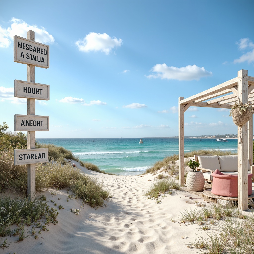 Prompt: Seaside escape, calming ocean views, soft sandy dunes, weathered driftwood, distressed beach signs, nautical ropes, sea-salt air, gentle sea breeze, serene blue hues, misty turquoise waters, coral pink accents, warm beige tones, creamy whites, natural linen textures, rustic wooden accents, vintage nautical elements, sunny day, shallow depth of field, 1/1 composition, realistic water effects, ambient occlusion.