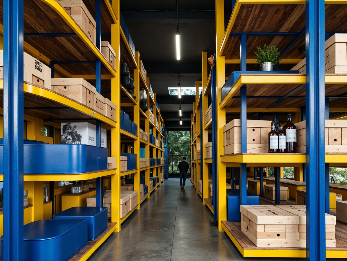 Prompt: Vibrant storage unit, bold color accents, sleek metal frames, modern minimalist design, ample shelving, spacious compartments, bright yellow highlights, deep blue undertones, rich wood textures, industrial-chic aesthetic, urban loft atmosphere, overhead lighting, 3/4 composition, shallow depth of field, realistic reflections.