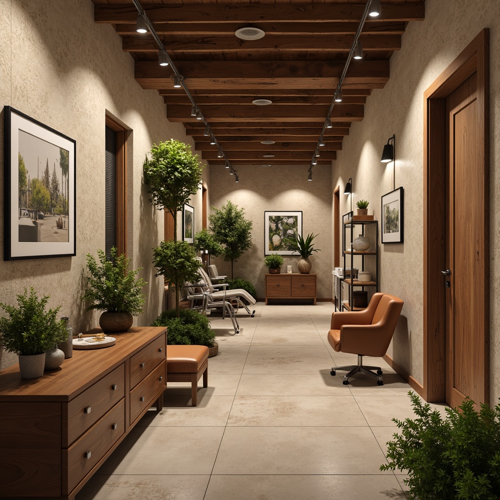 Prompt: Rustic dental clinic, textured walls, earthy tones, natural stone accents, wooden furniture, warm lighting, cozy waiting area, comfortable seating, green plants, calming atmosphere, modern dental equipment, sleek metal surfaces, minimalistic decor, abstract artwork, soft background music, gentle color scheme, 1/1 composition, shallow depth of field, realistic textures, ambient occlusion.