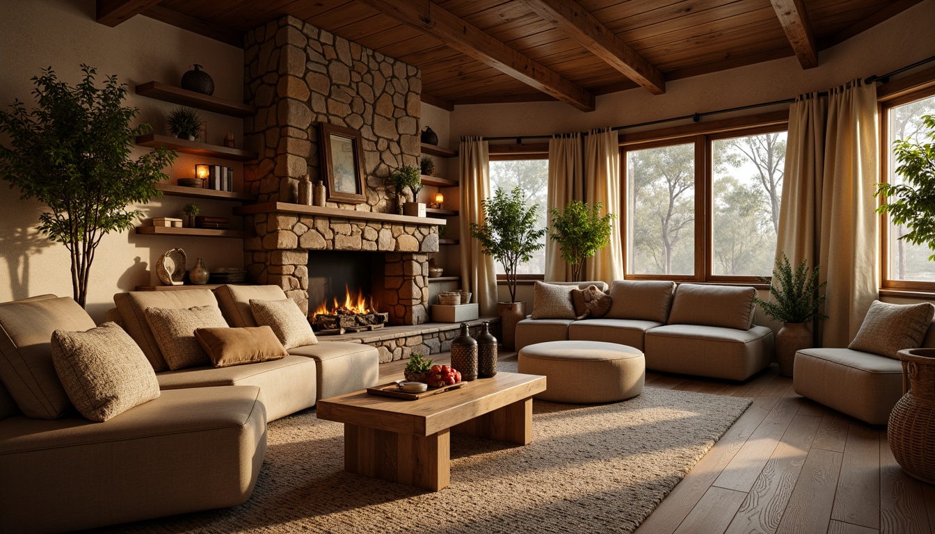 Prompt: Earthy cabin, wooden accents, natural stone walls, cozy fireplace, plush furnishings, warm beige tones, soft brown leather, woven textiles, organic patterns, vintage decorative items, rustic metal fixtures, candles, lanterns, warm golden lighting, shallow depth of field, 1/1 composition, intimate atmosphere, realistic wood grain textures.