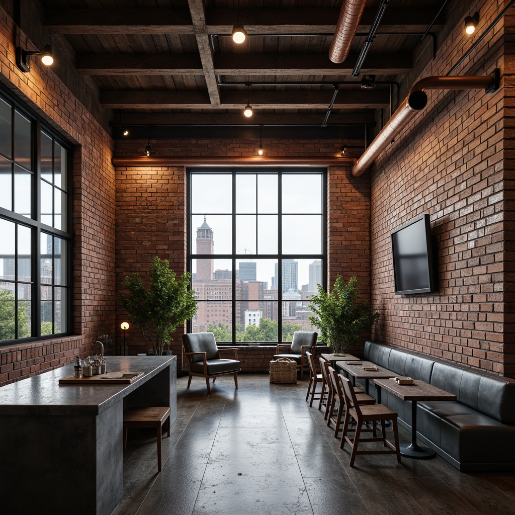 Prompt: Exposed brick walls, industrial metal beams, distressed wooden floors, vintage factory windows, reclaimed metal accents, copper piping, Edison bulb lighting, urban cityscape views, converted warehouse space, modern minimalist decor, polished concrete countertops, metallic grey color palette, brutalist architecture, raw unfinished textures, atmospheric misty lighting, shallow depth of field, 2/3 composition.