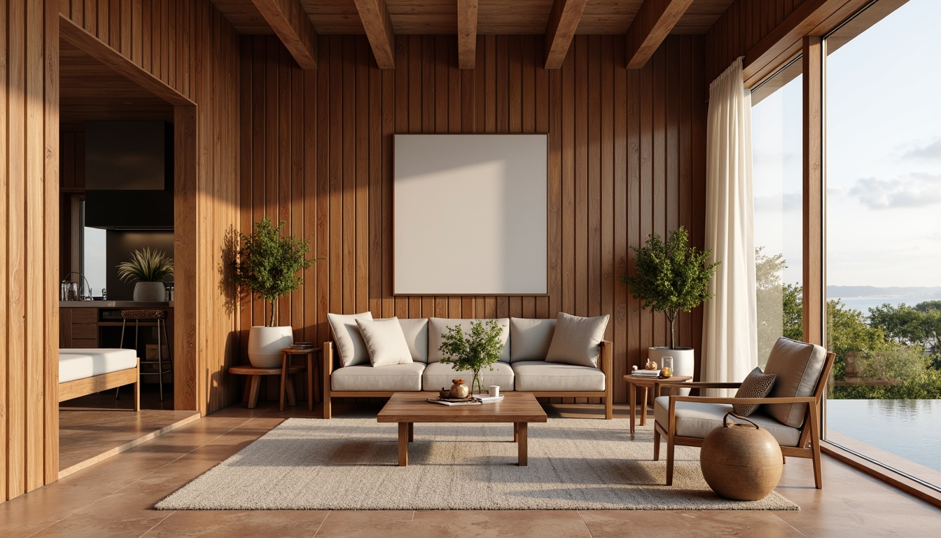 Prompt: Walnut wood grain, rich leather upholstery, brass metallic accents, sleek glass surfaces, natural stone flooring, earthy terracotta tiles, woven wicker furniture, organic cotton textiles, minimalist steel frames, subtle linen drapes, warm beige color palette, soft ambient lighting, 1/1 composition, shallow depth of field, realistic textures, ambient occlusion.