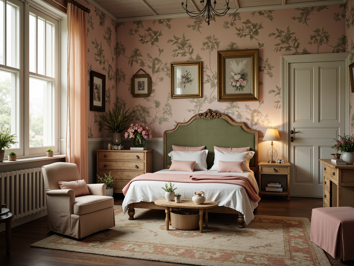 Prompt: Vintage distressed furniture, soft pastel hues, romantic florals, lace trims, velvet drapes, linen bedding, natural fabrics, rustic wood accents, antique metal fixtures, ornate mirrors, delicate porcelain vases, candlelit ambiance, warm golden lighting, shallow depth of field, 1/1 composition, intimate close-ups, realistic textures, ambient occlusion.