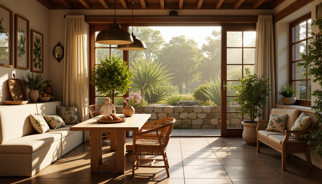 Prompt: Cozy breakfast nook, warm morning sunlight, soft golden lighting, natural wood accents, creamy white countertops, farmhouse sink, pendant lamps, woven wicker chairs, plush cushions, botanical prints, lush greenery, sliding glass doors, outdoor garden views, rustic stone walls, earthy tone colors, shallow depth of field, 1/2 composition, warm atmosphere, inviting textures.