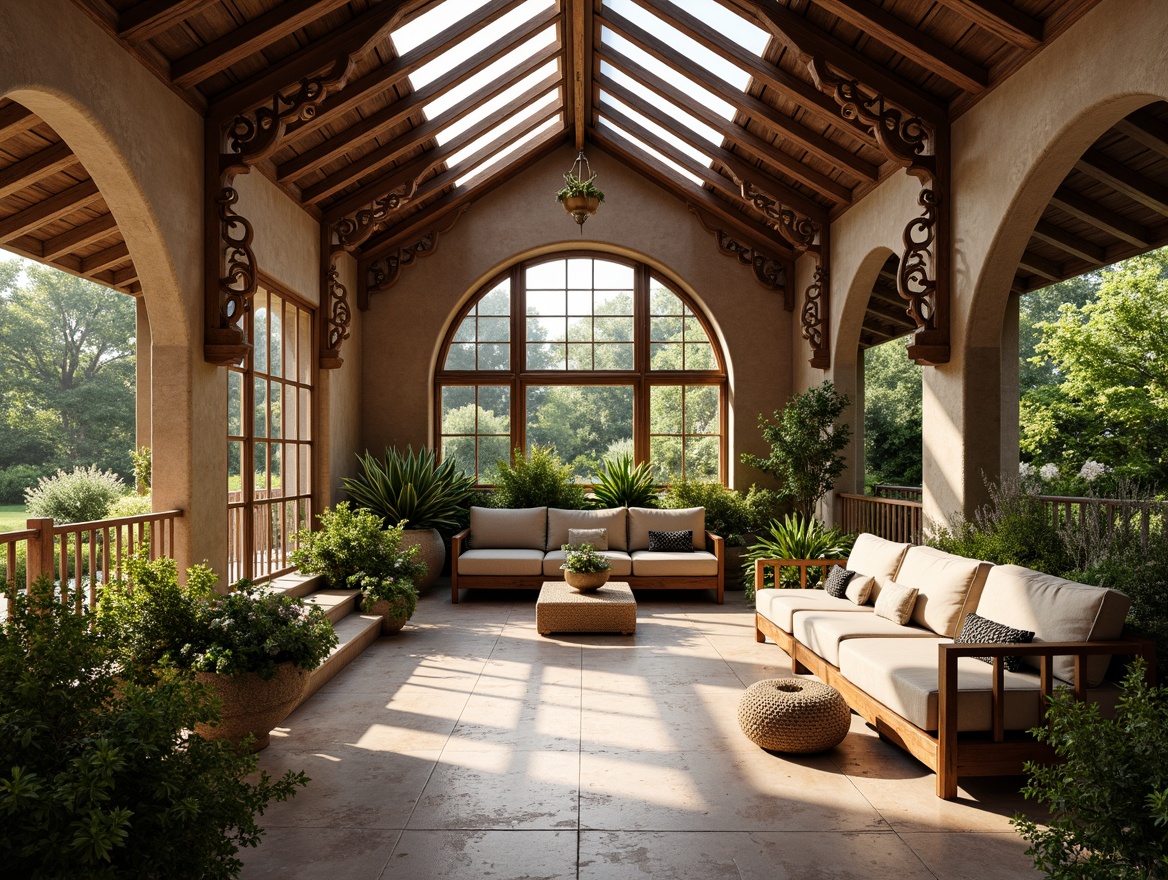 Prompt: Elegant sunroom, ornate wooden beams, intricate stonework, lush greenery, vibrant flowers, comfortable seating areas, plush cushions, natural stone flooring, glass roof, clerestory windows, soft warm lighting, shallow depth of field, 3/4 composition, panoramic view, realistic textures, ambient occlusion, warm color palette, cozy atmosphere, rustic charm, Mediterranean-inspired accents.