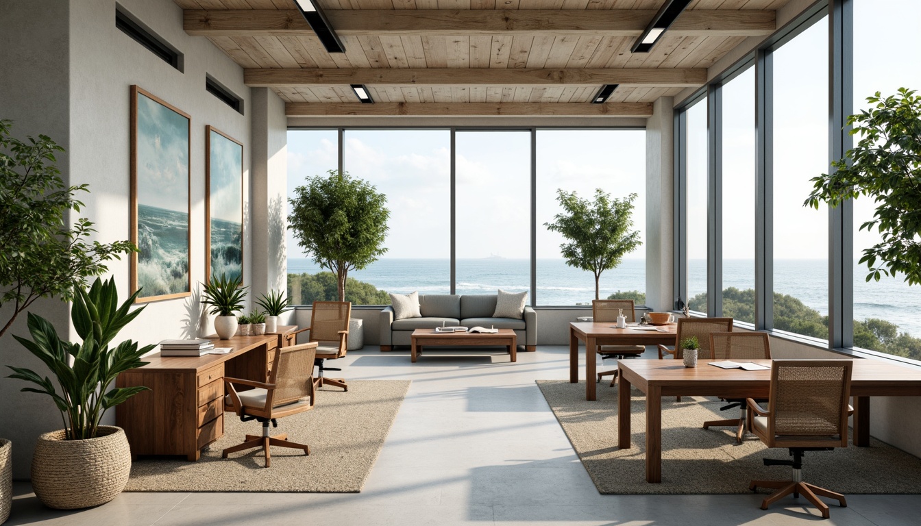 Prompt: Coastal-themed office space, calming ocean views, driftwood accents, natural textiles, woven baskets, rattan furniture, soft blue-green color palette, rustic wooden desks, comfortable ergonomic chairs, potted palm trees, floor-to-ceiling windows, abundant natural light, subtle wave patterns, beach-inspired artwork, minimalist decor, modern coastal architecture, open-concept layout, collaborative workstations, cozy reading nooks, warm ambient lighting, shallow depth of field, 1/1 composition, realistic textures.