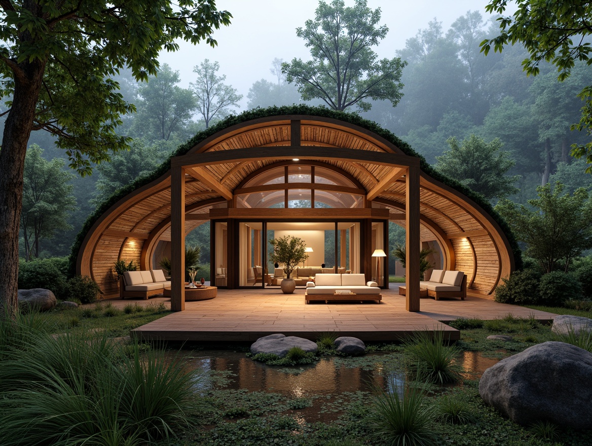 Prompt: Organic pavilion structure, curved wooden beams, natural stone walls, living green roofs, bamboo flooring, reclaimed wood accents, floor-to-ceiling glass windows, minimalist interior design, warm ambient lighting, soft shadows, 1/1 composition, atmospheric perspective, serene forest surroundings, lush foliage, misty morning atmosphere, subtle color palette, earthy tones, sustainable building materials, eco-friendly architecture.