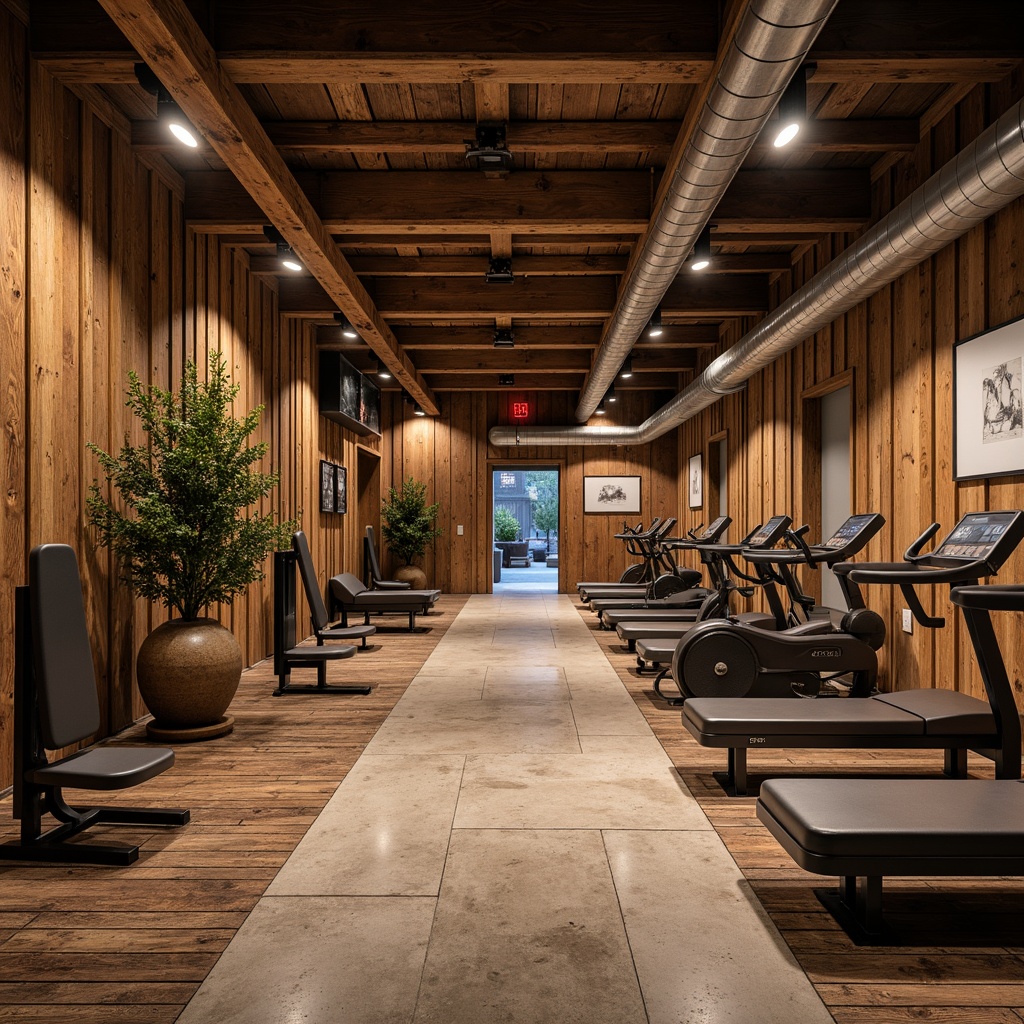 Prompt: Rustic fitness club, wooden accent walls, earthy tones, natural stone floors, exposed wooden beams, industrial metal equipment, vintage decorative lighting, distressed wood textures, warm cozy atmosphere, soft diffused lighting, 1/1 composition, shallow depth of field, realistic shadows, ambient occlusion.