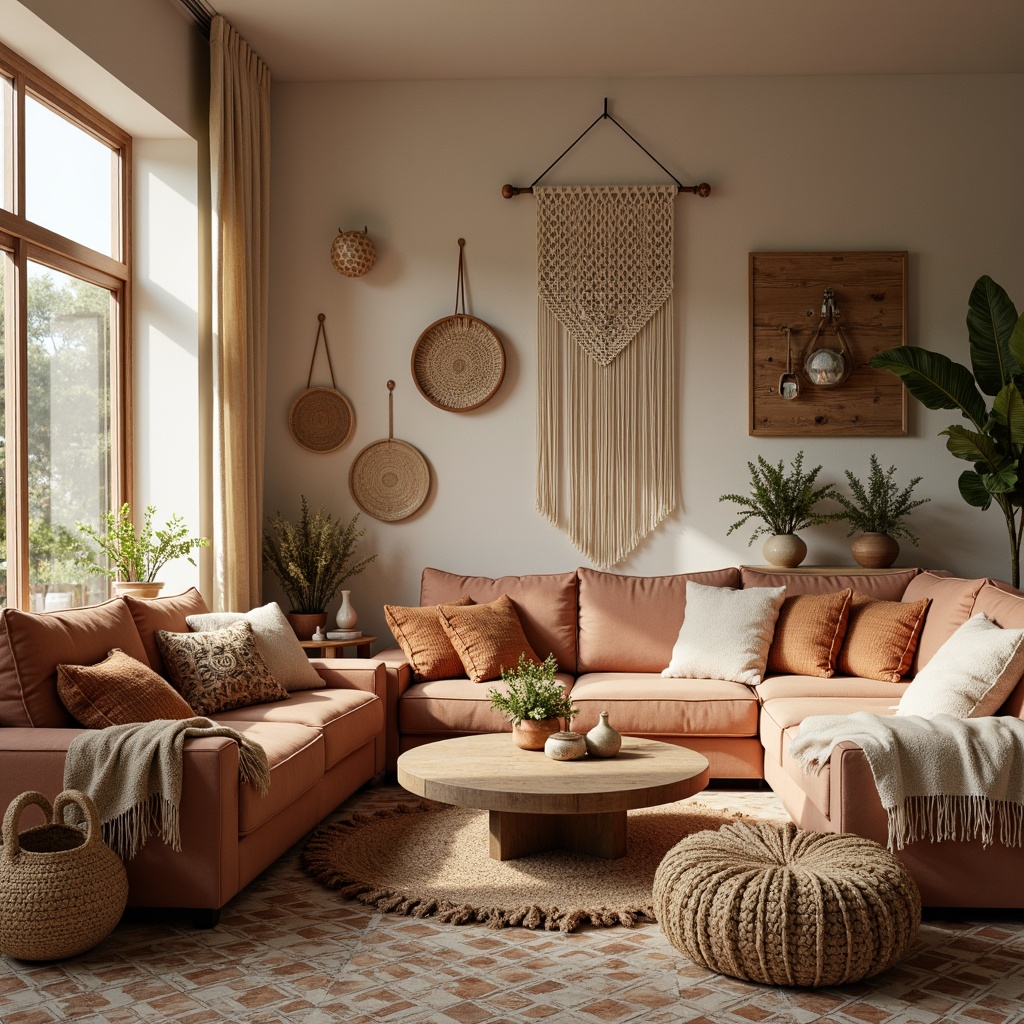 Prompt: Cozy living room, plush sofas, velvety cushions, soft blankets, warm earthy tones, natural fabrics, woven baskets, macrame wall hangings, Moroccan-inspired tiles, geometric patterned rugs, chunky knit throws, faux fur accents, minimalist decor, ambient lighting, relaxed atmosphere, comfortable seating, calming colors, organic textures.