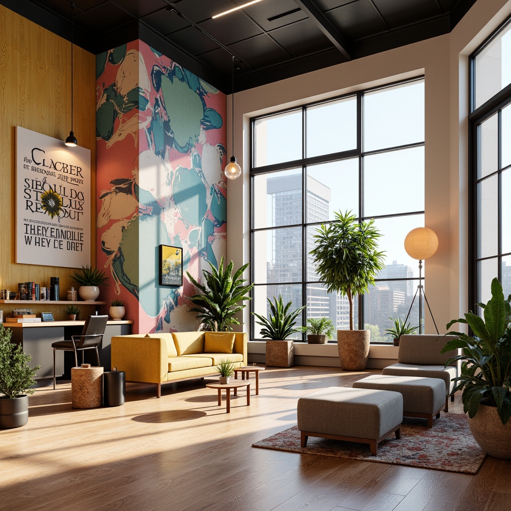 Prompt: Vibrant design studio, modern architecture, large windows, glass doors, wooden floors, creative workspaces, eclectic furniture, bold color schemes, pastel hues, contrasting textures, geometric patterns, abstract artwork, inspirational quotes, natural light, soft warm glow, shallow depth of field, 3/4 composition, panoramic view, realistic renderings, ambient occlusion.