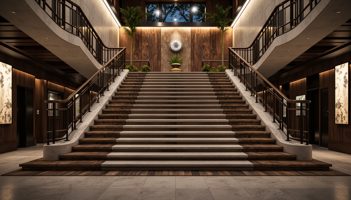 Prompt: Luxurious staircase, grandiose railings, polished metal handrails, elegant wooden banisters, sophisticated wall finishes, marble cladding, glossy paint coatings, textured concrete walls, metallic accents, ambient LED lighting, dramatic shadowing, 3/4 composition, shallow depth of field, realistic reflections, high-contrast colors, ornate decorations, modern minimalist design, sleek lines, futuristic ambiance.