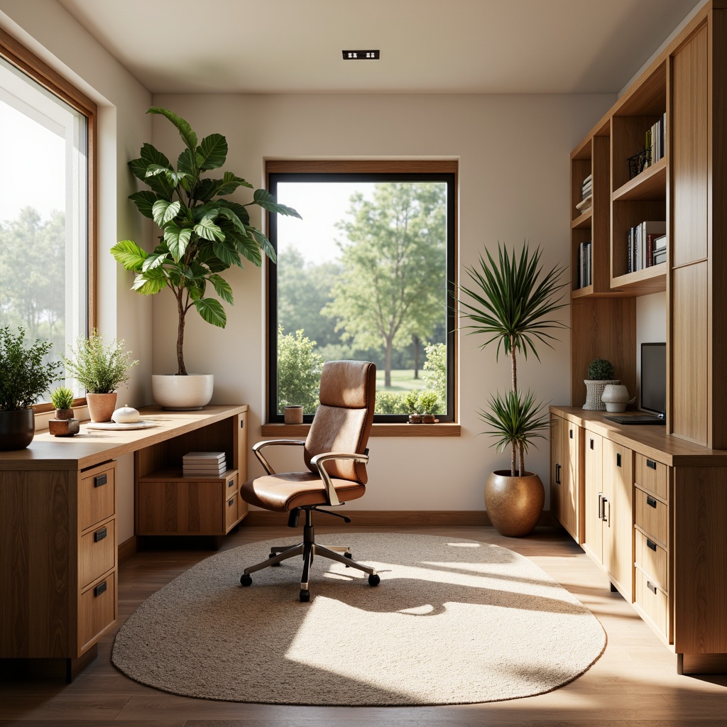 Prompt: Cozy home office, warm wooden desk, ergonomic chair, greenery plants, natural light, calming colors, soft pastel hues, creamy whites, warm beiges, rich wood tones, metallic accents, modern minimalist decor, functional storage units, comfortable carpeting, subtle textures, warm task lighting, 1/1 composition, shallow depth of field, realistic rendering.