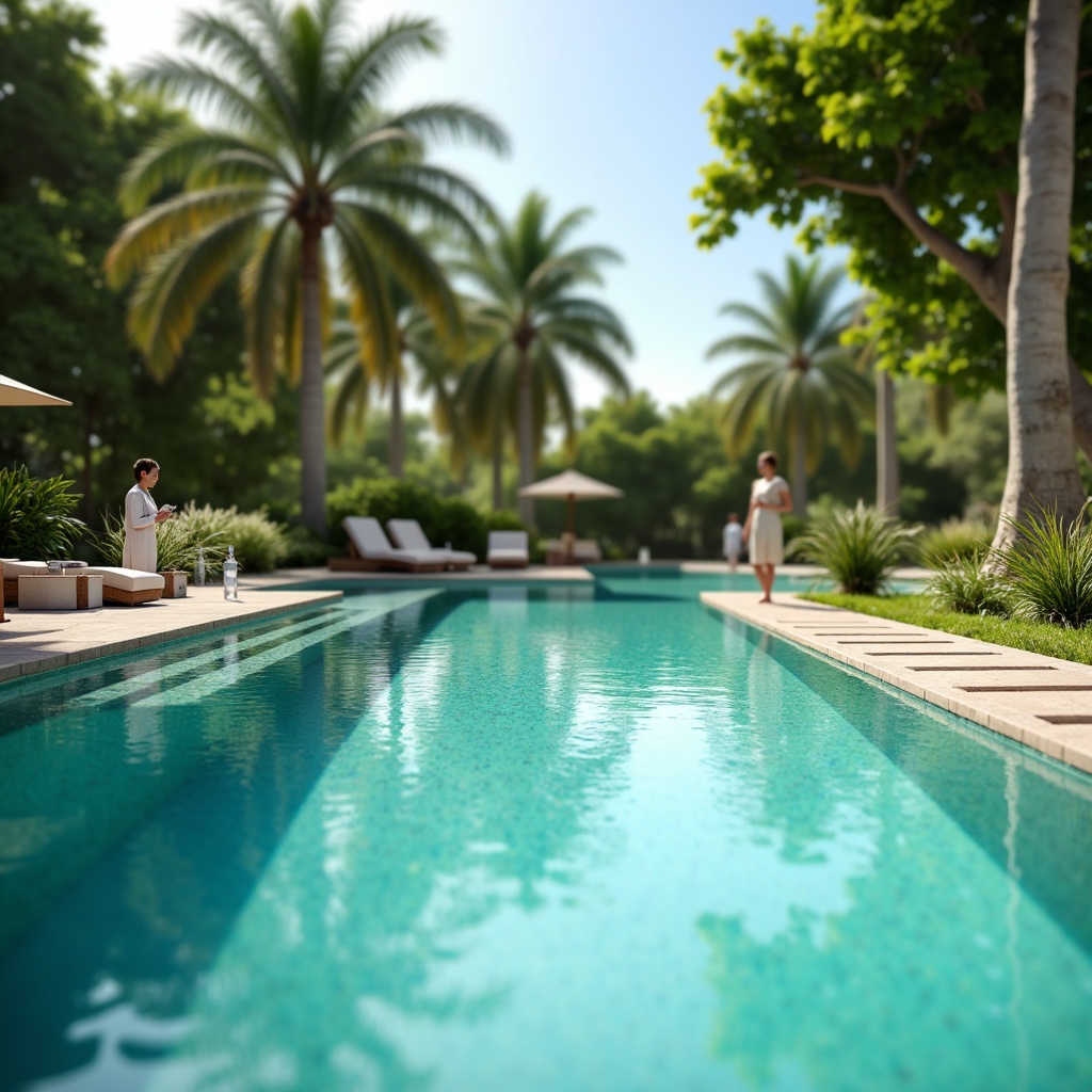 Prompt: Vibrant turquoise pool water, sleek modern coping stones, warm beige decking, lush green surrounding landscape, tropical palm trees, sunny day, soft natural lighting, shallow depth of field, 3/4 composition, realistic water textures, ambient occlusion, calming atmosphere.