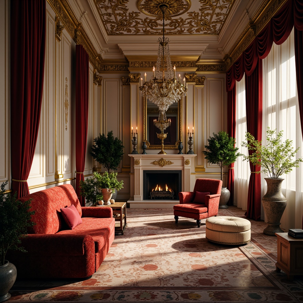 Prompt: Opulent Baroque interior, rich velvet fabrics, ornate gold accents, lavish crystal chandeliers, intricate marble patterns, grandiose architectural details, warm golden lighting, soft focus, 1/2 composition, shallow depth of field, elegant furniture silhouettes, luxurious textiles, regal reds, majestic blues, creamy whites, subtle sheen, refined ornamentation.