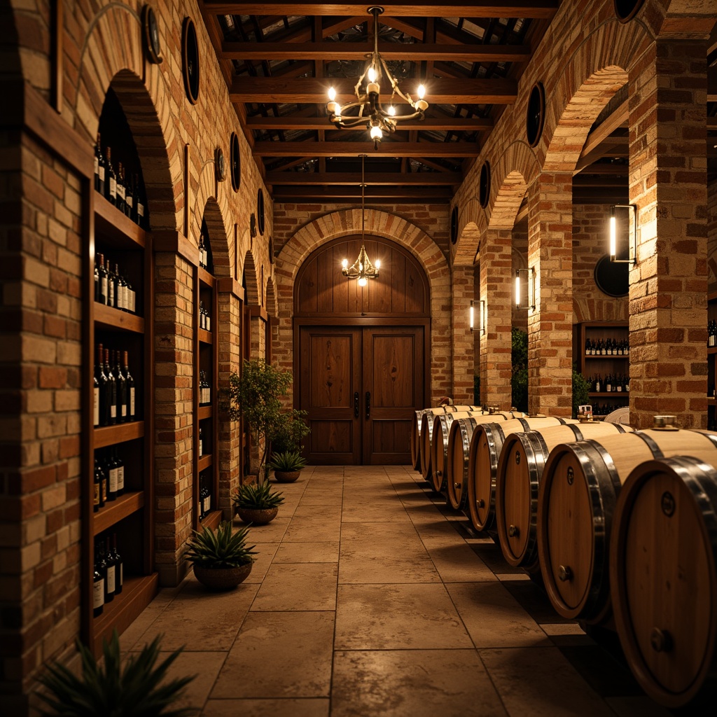 Prompt: Rustic winery interior, earthy stone walls, wooden barrel accents, dimmed warm lighting, rich wood tones, vintage wine barrels, metal cellar doors, brick archways, distressed wood textures, natural stone flooring, ambient candlelight, soft focus blur, shallow depth of field, 2/3 composition, warm color palette, cozy atmosphere.