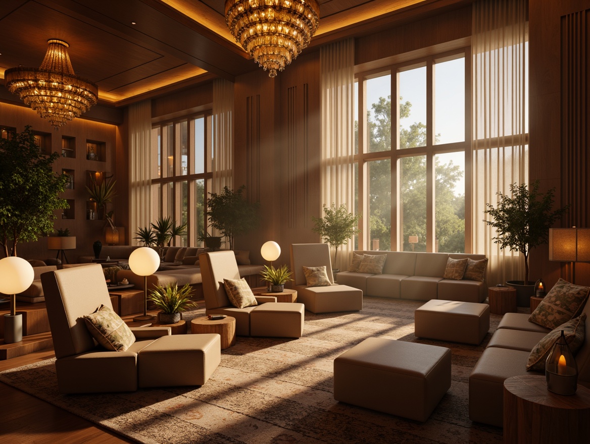 Prompt: Warm ambient lighting, soft glowing orbs, delicate pendant lamps, floor-to-ceiling windows, natural daylight, subtle shadows, warm beige tones, rich wood textures, cozy seating areas, intimate gathering spaces, dramatic ceiling heights, grand chandeliers, crystal prisms, luxurious fabrics, velvet drapes, golden accents, candlelight flicker, moody color palette, atmospheric mist, mystical fog, dreamy haze, 1/1 composition, shallow depth of field, soft focus, warm color temperature.