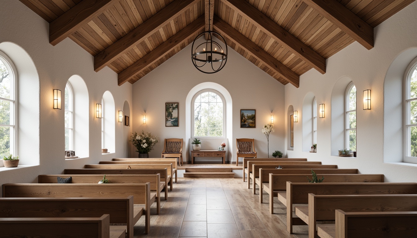 Prompt: Nordic church interior, minimalist architecture, whitewashed stone walls, wooden beam ceilings, sparse decorative elements, warm soft lighting, LED candles, suspended lanterns, stained glass windows, natural textiles, pine wood pews, Nordic-inspired patterns, cozy ambiance, subtle color palette, soft shadows, high contrast ratio, 1/1 composition, symmetrical framing, warm color temperature, atmospheric glow, realistic textures, ambient occlusion.