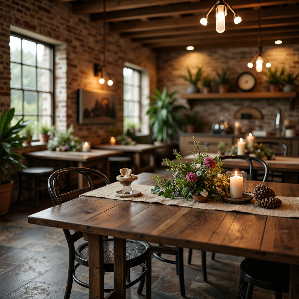 Prompt: Rustic wooden tables, vintage metal chairs, distressed finishes, natural stone floors, earthy color palette, warm candlelight, lush greenery, wildflowers, burlap table runners, pinecone centerpieces, antique farm tools, reclaimed wood accents, soft warm lighting, shallow depth of field, 1/1 composition, intimate atmosphere, cozy textures, ambient occlusion.