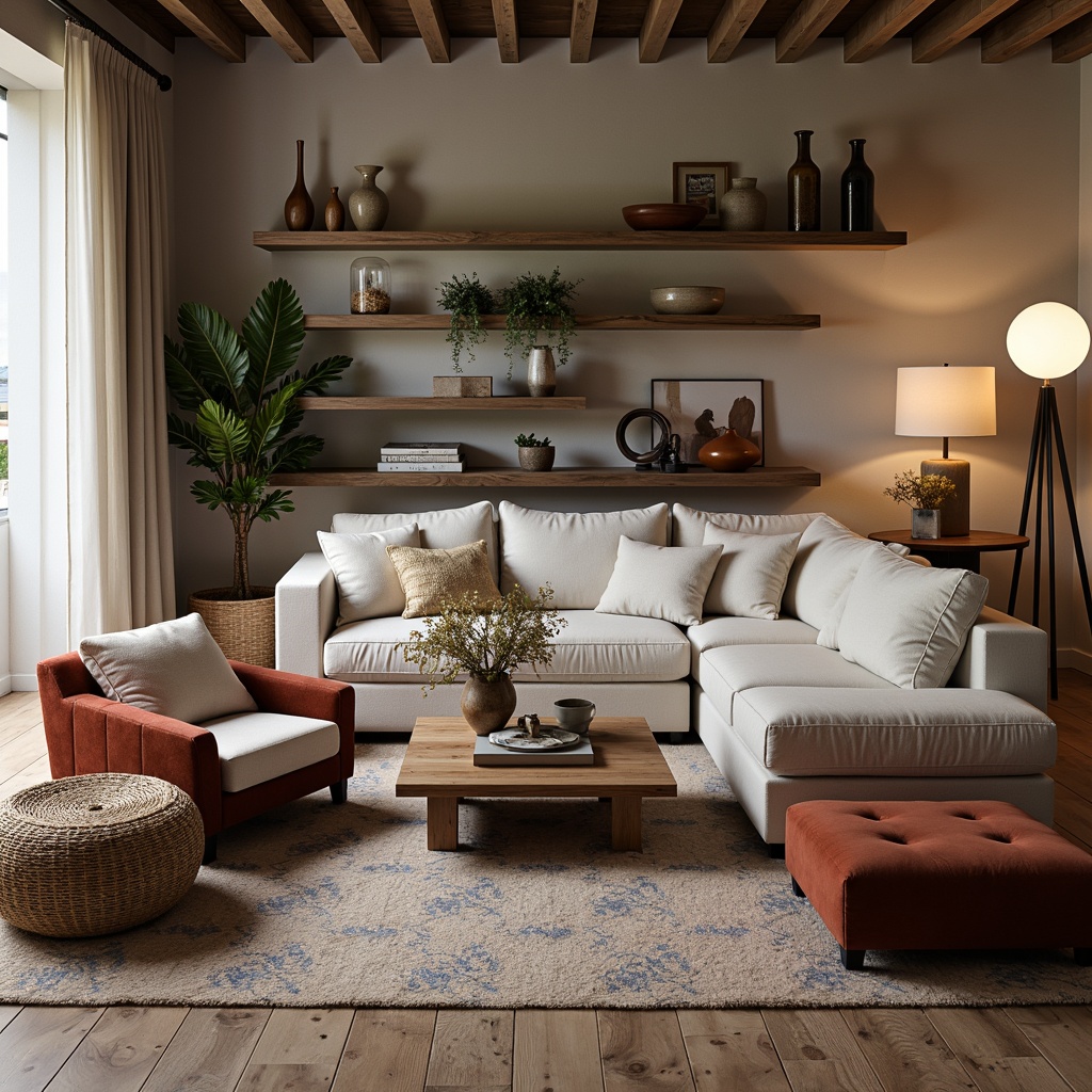 Prompt: Cozy living room, plush sofas, velvet armchairs, wooden coffee tables, woven baskets, soft cushions, Moroccan-inspired tiles, natural wood flooring, warm ambient lighting, floor lamps, minimalist decor, monochromatic color scheme, comfortable sectional seating, oversized pillows, rustic wooden shelves, decorative vases, greenery arrangements, elegant curtains, subtle textures, inviting atmosphere.