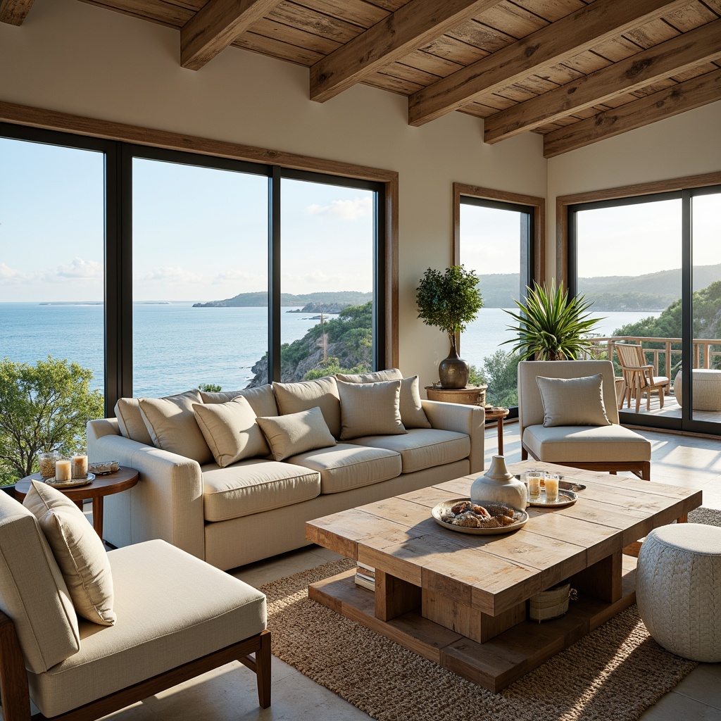 Prompt: Coastal living room ambiance, soothing ocean views, natural light pouring in, comfortable plush sofas, woven jute rugs, driftwood coffee tables, coral-inspired decorative accents, sea salt-scented candles, soft linen upholstery, weathered wood paneling, calming blue-green color palette, organic textures, subtle wave patterns, airy floor-to-ceiling windows, sliding glass doors, serene outdoor spaces, lush greenery, tropical plants, warm sandy tones, natural fiber textiles.