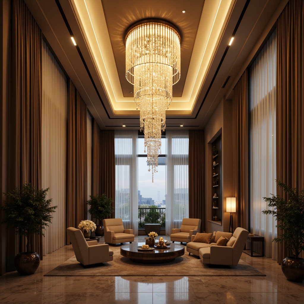 Prompt: Luxurious chandelier, crystal droplets, warm golden lighting, soft diffused glow, dimmable LED strips, floor-to-ceiling windows, sheer curtains, velvety dark walls, polished marble floors, ornate metal fixtures, subtle color temperature, intimate atmosphere, low-key background illumination, cove ceiling lighting, indirect lighting effects, sophisticated modern furniture, refined decorative accents, lavish textiles, plush area rugs, serene ambiance, warm beige tones, elegant residential interior.