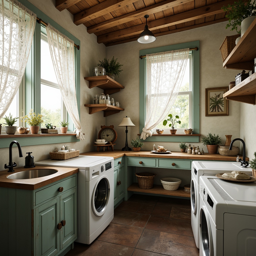 Prompt: Vintage laundry room, distressed wood cabinets, soft pastel colors, lace curtains, floral patterns, antique washbasins, ornate metal faucets, porcelain decorative accents, rustic wooden shelves, woven wicker baskets, natural stone flooring, warm candlelight, 1/1 composition, shallow depth of field, realistic textures.