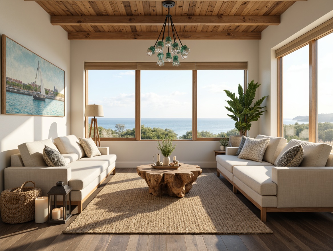 Prompt: Coastal-themed living room, warm beige walls, driftwood coffee table, natural fiber rugs, plush sofas, ocean-inspired artwork, shell-shaped decorative accents, soft blue-green glass pendant lights, nautical rope fixtures, rustic metal lanterns, warm white LED candles, floor-to-ceiling windows, sheer curtains, sunny day, soft warm lighting, shallow depth of field, 1/1 composition, realistic textures, ambient occlusion.