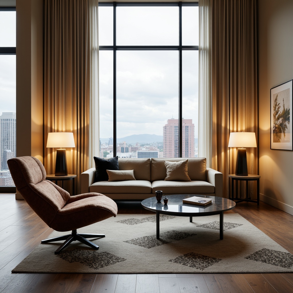 Prompt: Curved minimalist chair, sleek low-profile sofa, polished chrome legs, matte black frames, tufted velvet upholstery, geometric patterned rug, industrial chic coffee table, metallic side tables, ambient floor lamps, warm beige walls, large windows, cityscape view, cloudy day, soft natural lighting, shallow depth of field, 3/4 composition, symmetrical framing, realistic textures, subtle shading.