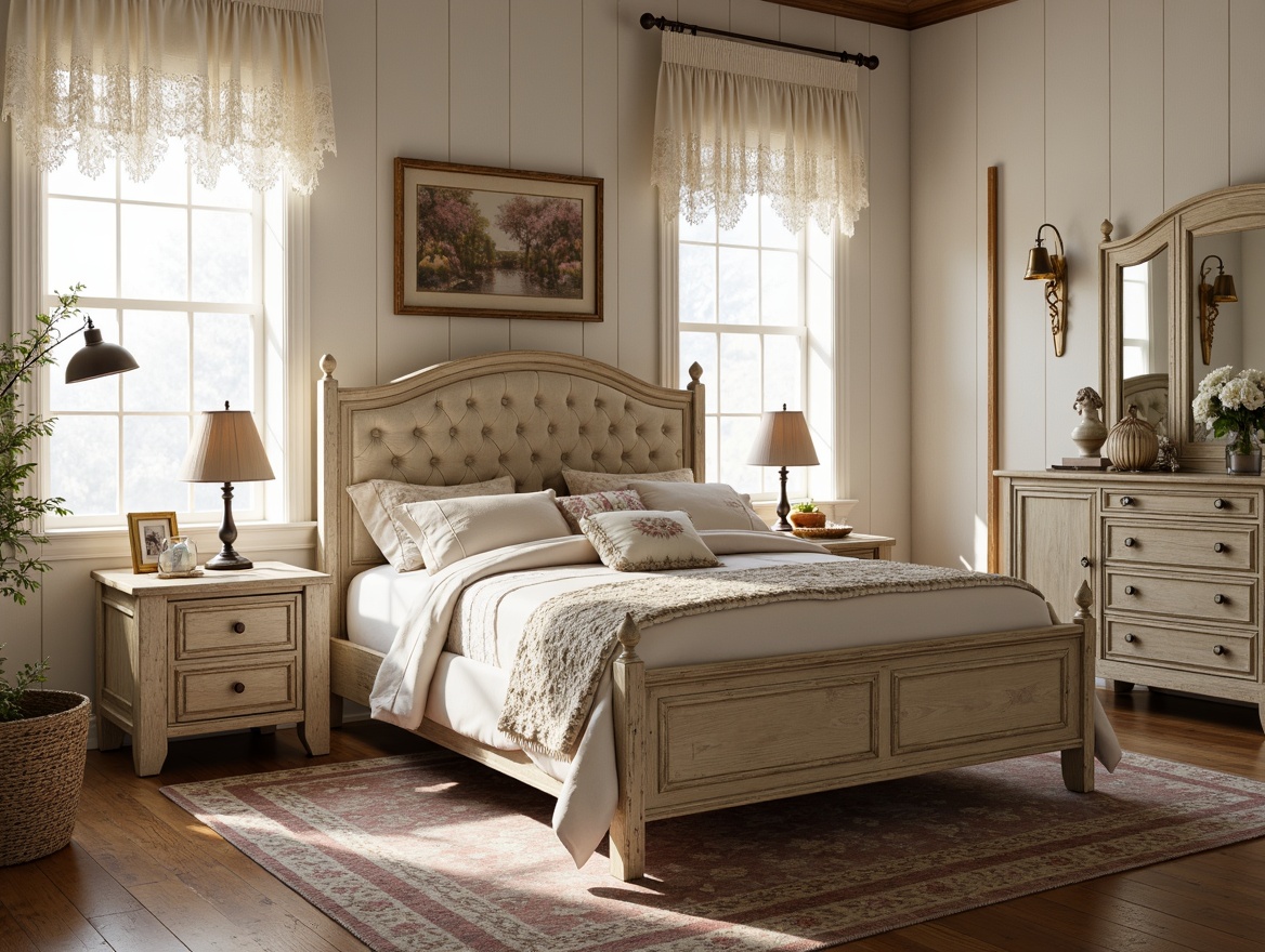 Prompt: Distressed wood furniture, vintage decor, soft pastel colors, lace drapes, floral patterns, rustic metal accents, plush area rugs, tufted headboards, ornate mirrors, distressed finishes, feminine touches, elegant lines, cozy atmosphere, warm lighting, romantic ambiance, 3/4 composition, shallow depth of field, soft focus, dreamy textures.