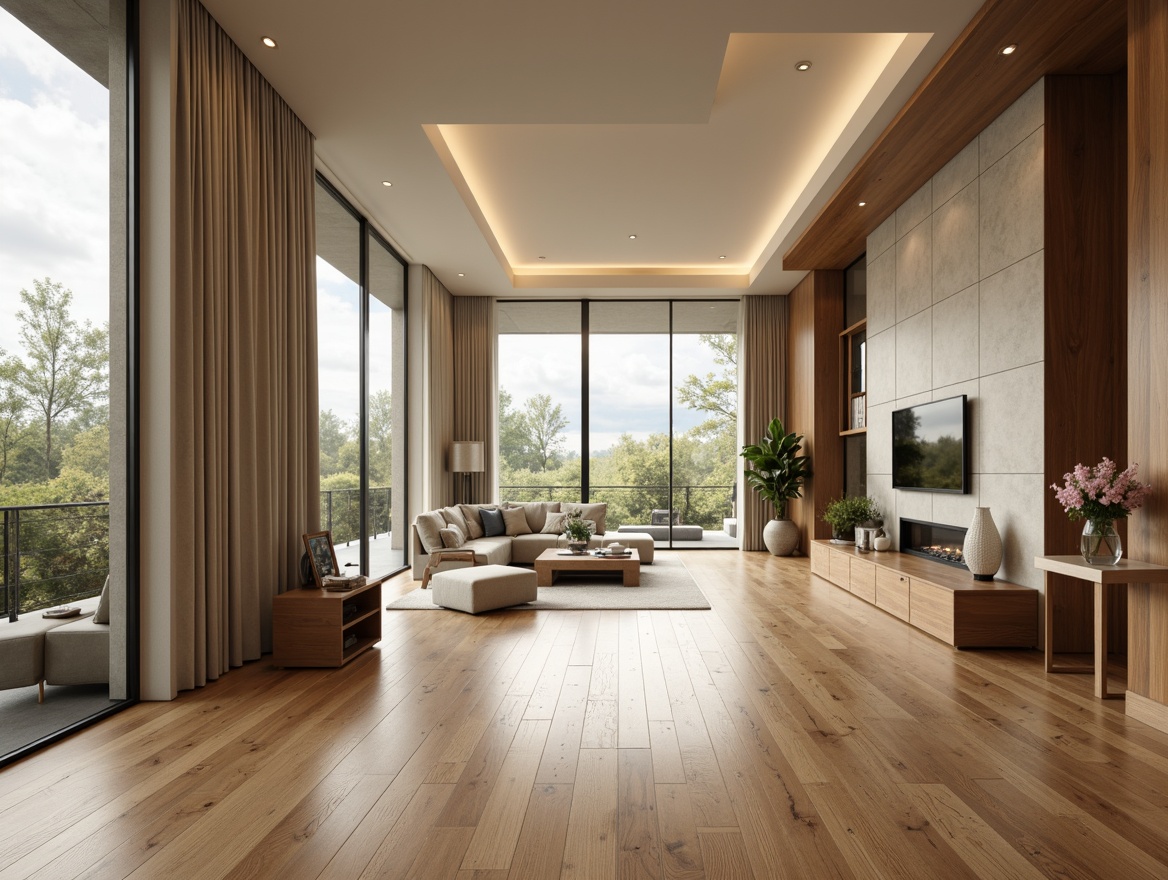 Prompt: Luxurious modern interior, sleek hardwood floors, rich wood grain, warm beige tones, subtle texture, high-gloss finish, spacious open-plan living area, minimal ornamentation, floor-to-ceiling windows, abundant natural light, soft diffused lighting, 1/1 composition, shallow depth of field, realistic reflection, ambient occlusion.