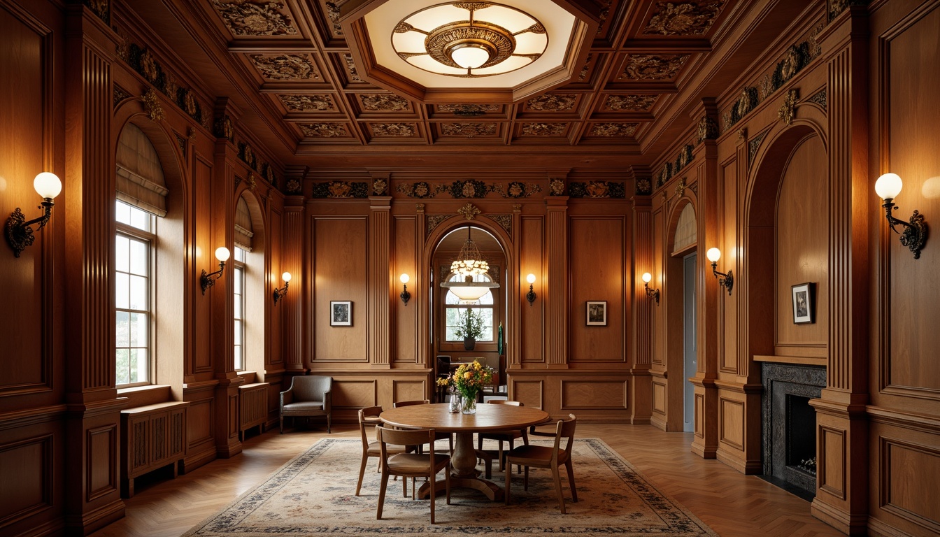 Prompt: Elegant classical interior, rich wood tones, ornate moldings, decorative ceiling medallions, sophisticated paneling techniques, raised panel designs, flat panel styles, wainscoting, chair rails, picture rails, baseboard molding, crown molding, dentil molding, pilasters, ornate corbels, soft warm lighting, shallow depth of field, 1/1 composition, realistic textures, ambient occlusion.