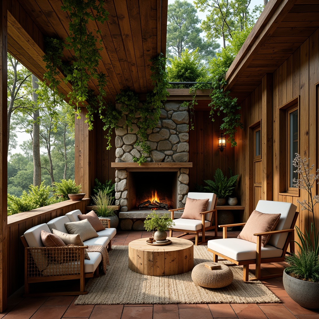 Prompt: Earthy cabin, wooden accents, natural stone walls, lush greenery, vines crawling, warm terracotta floors, cozy fireplace, comfortable furnishings, woven textiles, nature-inspired patterns, organic shapes, earthy color palette, moss-covered roofs, rustic metal details, soft warm lighting, shallow depth of field, 1/1 composition, intimate atmosphere, realistic textures.