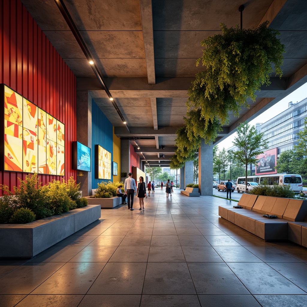 Prompt: Vibrant bus station interior, urban atmosphere, exposed concrete ceilings, industrial-style lighting fixtures, geometric patterned wall tiles, bold colorful accents, modern digital displays, sleek metal benches, polished stone floors, greenery installations, natural light pouring in, warm ambiance, shallow depth of field, 1/1 composition, realistic textures, ambient occlusion.