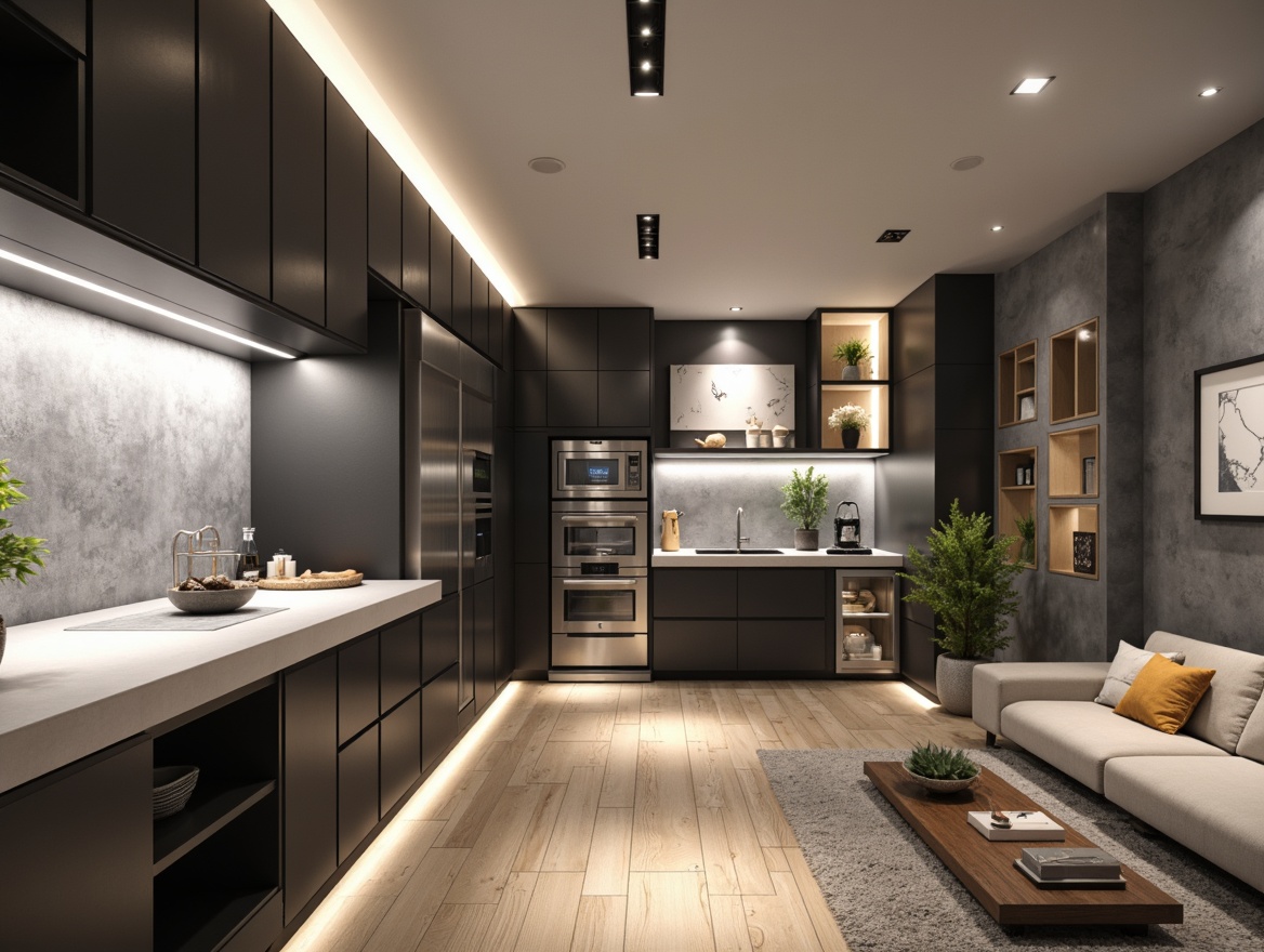 Prompt: Streamlined modern interior, minimalist decor, monochromatic color scheme, sleek metallic accents, polished wooden floors, geometric patterns, curved lines, functional furniture, multi-functional spaces, efficient storage solutions, hidden appliances, recessed lighting, soft diffused illumination, 1/1 composition, shallow depth of field, realistic textures, ambient occlusion.