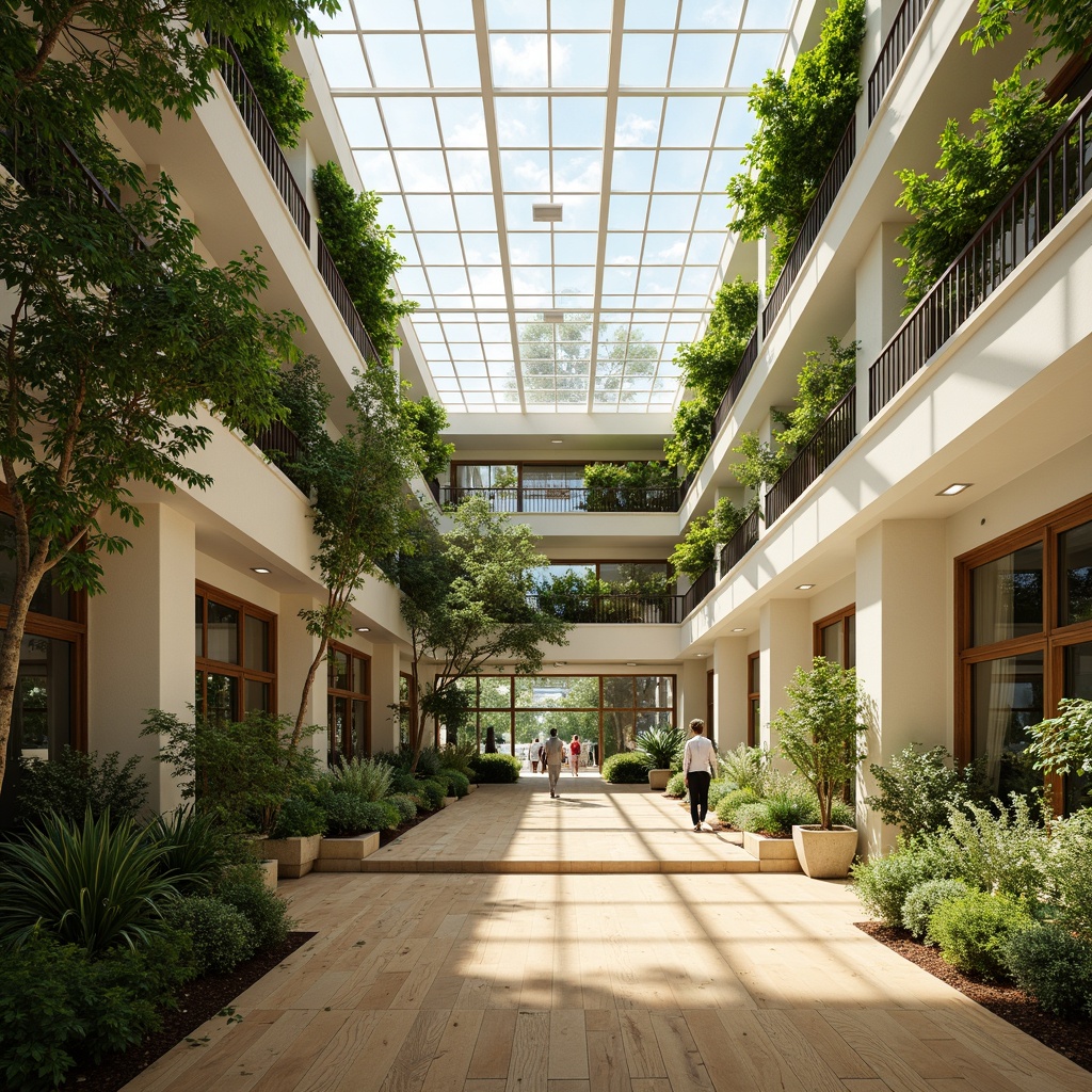 Prompt: Vibrant atrium, lush greenery, floor-to-ceiling windows, clerestory lighting, skylights, transparent roofs, minimalist interior design, reflective surfaces, polished wood floors, creamy white walls, natural stone accents, modern architecture, open-plan layout, fluid spaces, abundant sunlight, warm ambiance, soft diffused light, 1/1 composition, symmetrical framing, realistic textures, ambient occlusion.