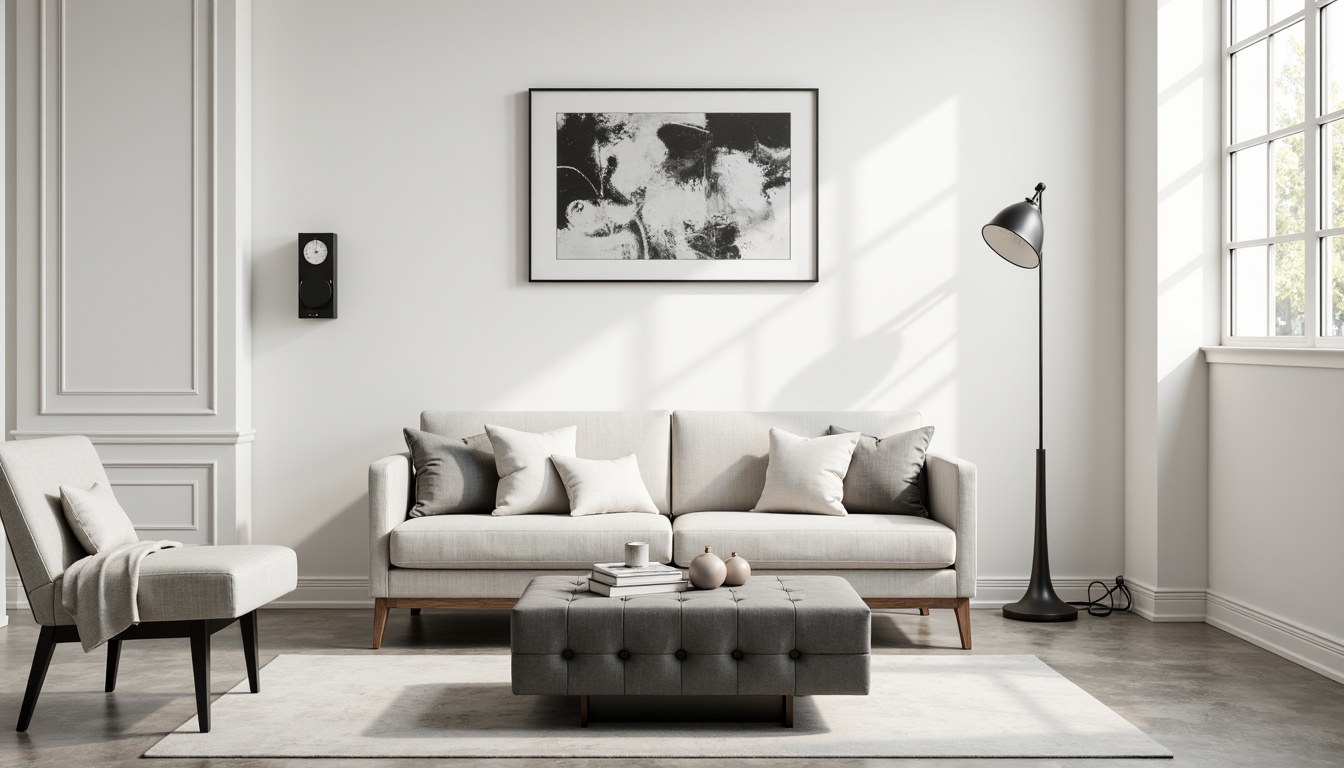 Prompt: Monochromatic living room, minimal ornamentation, sleek low-profile sofa, tufted ottoman, geometric coffee table, industrial metal legs, matte black floor lamp, abstract artwork, creamy white walls, polished concrete floors, natural light pouring in, soft diffused lighting, 1/1 composition, shallow depth of field, realistic textures.