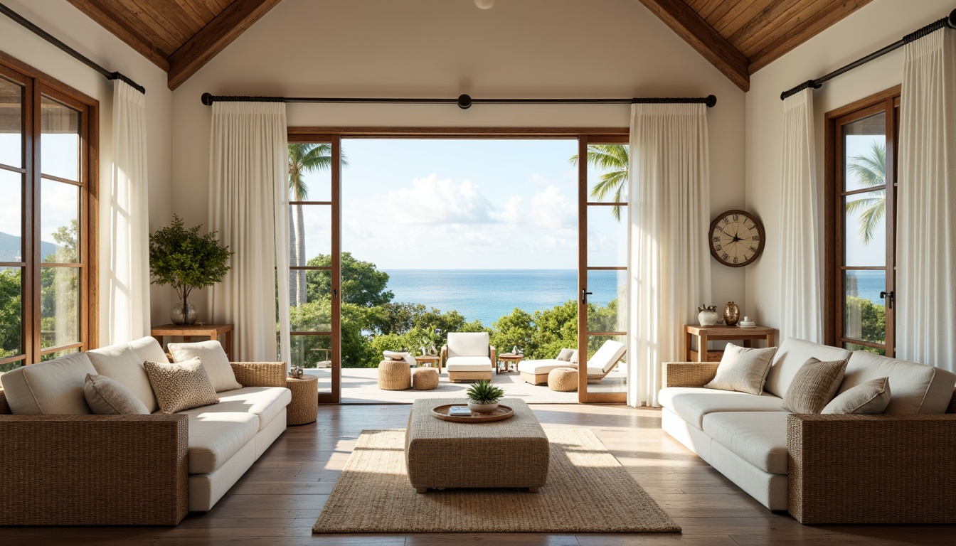 Prompt: Coastal villa, large windows, sliding glass doors, minimal obstruction, unobstructed ocean views, soft warm lighting, natural textures, driftwood accents, sea salt air, gentle breezes, rustic wooden floors, creamy white walls, nautical decor, vintage navigation instruments, plush woven furniture, linen fabrics, sheer curtains, 1/1 composition, bright overexposure, high dynamic range, soft focus blur.