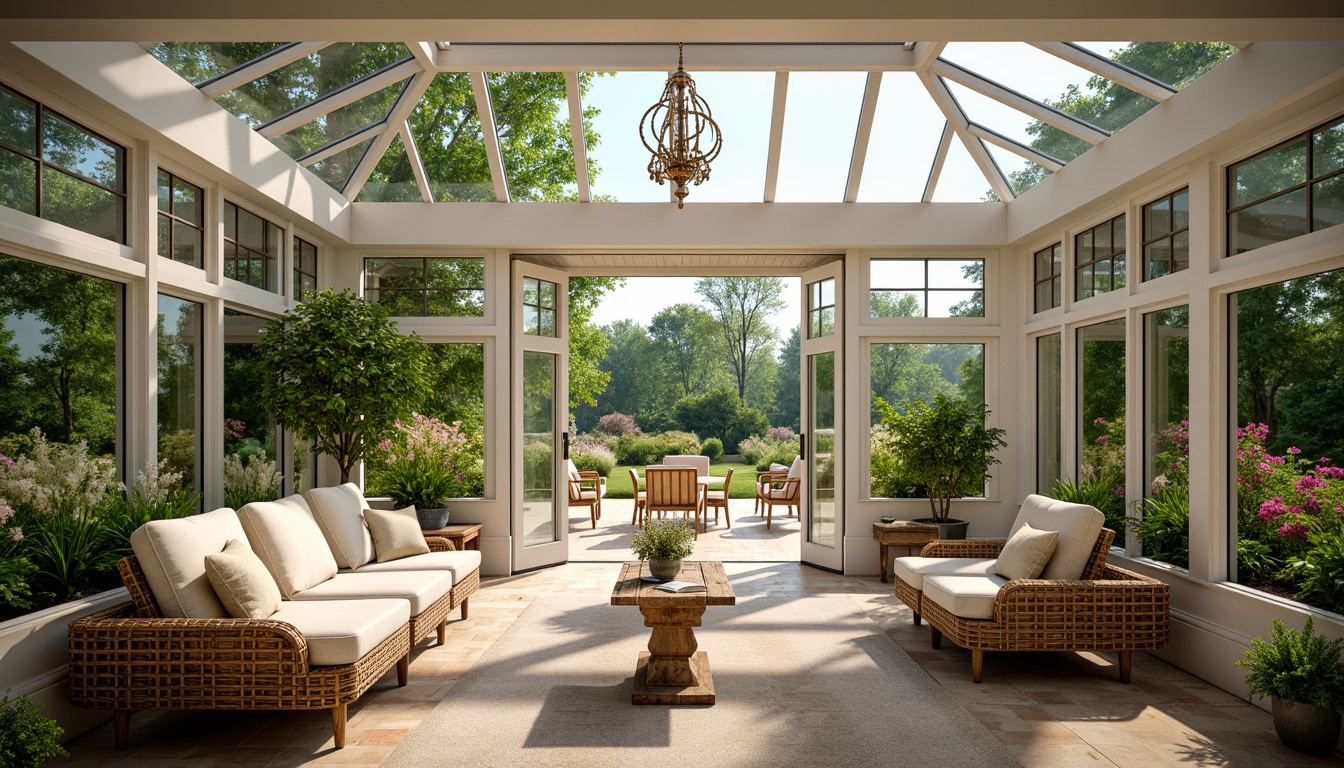 Prompt: Spacious sunroom, floor-to-ceiling windows, natural light pouring in, lush greenery, vibrant flowers, rattan furniture, plush cushions, warm wood accents, soft carpeting, elegant chandelier, sliding glass doors, serene outdoor views, blooming garden, sunny day, gentle breeze, shallow depth of field, 1/2 composition, realistic textures, ambient occlusion.